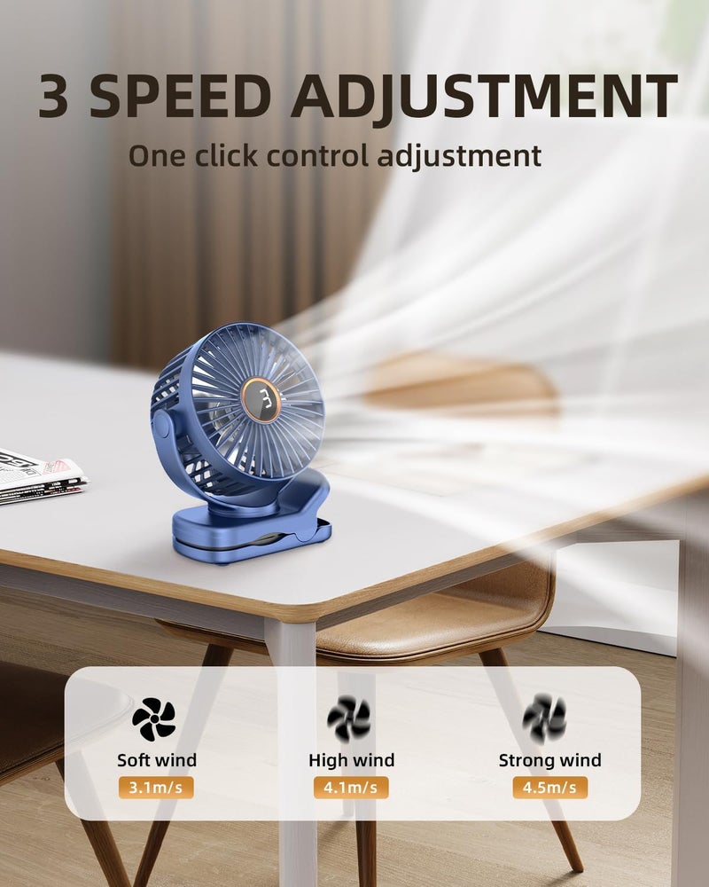 TUNISE Mini Clip on Fan, Battery Operated Desk Fan, Digital display，3 Speeds Adjustable, Bidirectional 360 ° Adjustable, Super strong wind, Portable Fan for Home Office Stroller Camping Blue - Image 5